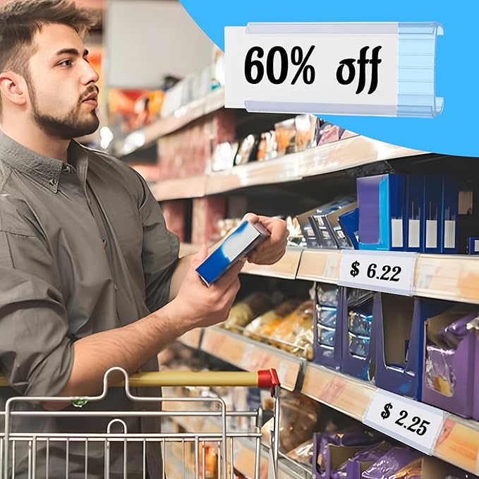200 PCS Wire Shelf Label Holder with Label Paper Inserts Clear Metro Shelf Clips Plastic Shelf Tags for Wire Shelving, Compatible with 1-1/4 Inch Shelves