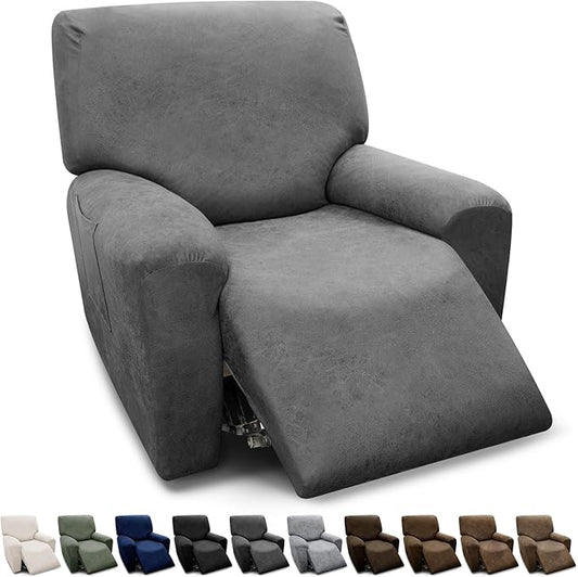 Chair Covers 4-Pieces Recliner Chair Covers 1 Seater Cover for Recliner Chair Leather Look Recliner Slipcovers with Pockets Spandex Fabric Furniture Covers(Recliner, Grey)
