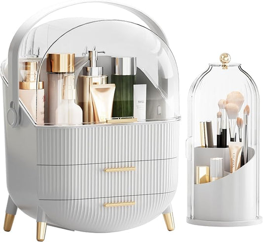 Makeup Organizers Countertop, Makeup organization for Vanity, Cosmetic Storage with Lid and Drawers, Skincare Display Cases with for Desktop, Bathroom (White)