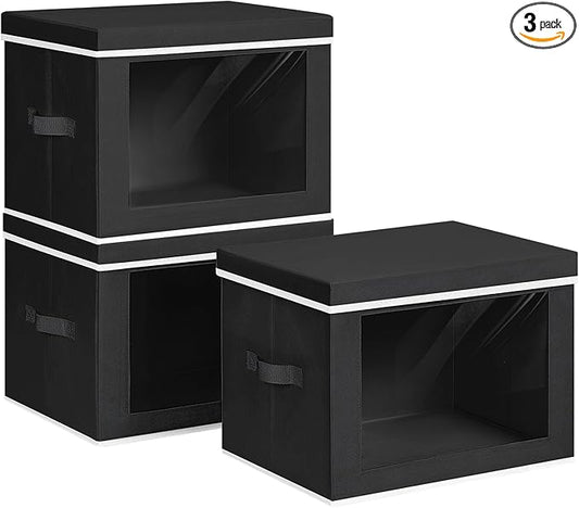 Collapsible Storage Bins with Lids - Stackable Storage Containers with Window, 3 Pack Fabric Bins for Closet, Home & Office Organization Baskets, Black, 14.9" x 9.8" x 9.8"