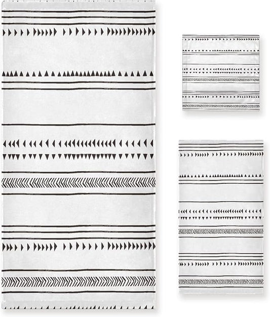 3 Piece Black and White Boho Bath Towels Set,Microfiber Absorbent Geometric Chic Triangle Minimalist Towels for Bathroom,1 Bath Towel,1 Hand Towel,1 Washcloth,Decorative Bathroom Towels