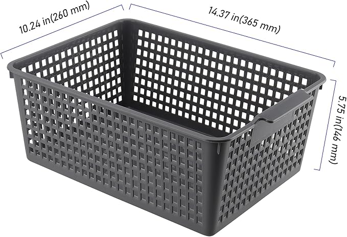 3 Pack Large Plastic Storage Baskets, 14.3 x 10.2 x 5.7 Inch Grey Storage Bins, Stackable Plastic Woven Basket Organizer Tray for Pantry Organization