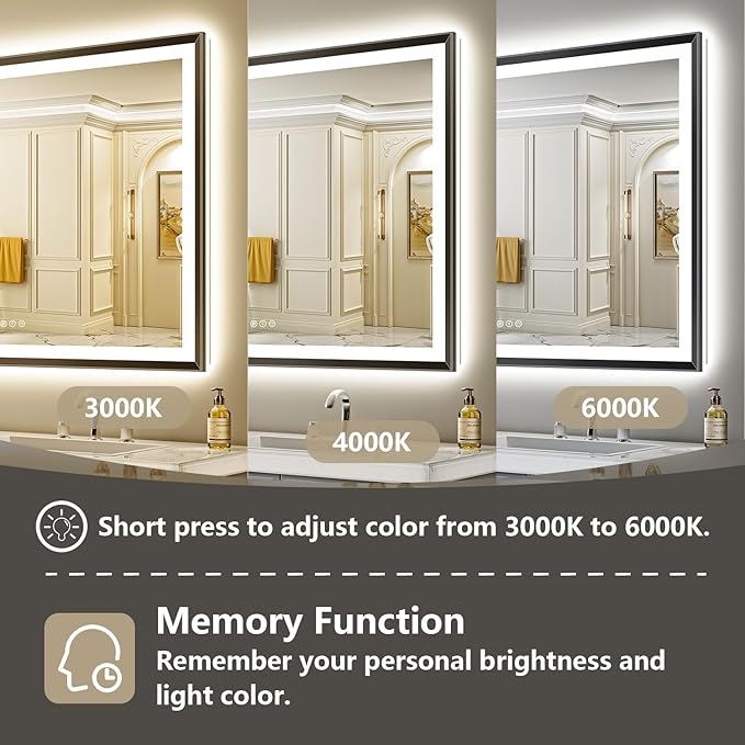 51x36 Black Framed LED Bathroom Mirror with Lights, Backlit and Front Light, Lighted Bathroom Vanity Mirror for Wall Dimmable Anti-Fog Memory Tempered Glass Horizontal/Vertical