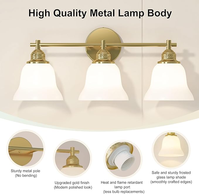 3-Light Bathroom Vanity Light Brushed Gold Modern Fixture with Frosted Glass Shades, Over Mirror Lighting for Bathroom/Bedroom, 22 inch