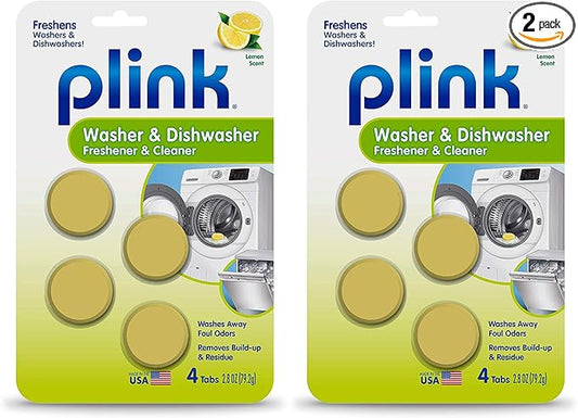 Plink Washer and Dishwasher Freshener and Cleaner, Prevents Residue, Removes Odors in Kitchen and Laundry Room Appliances, Septic-Friendly, Fresh Lemon Scent, 2 Packs of 4 Tablets