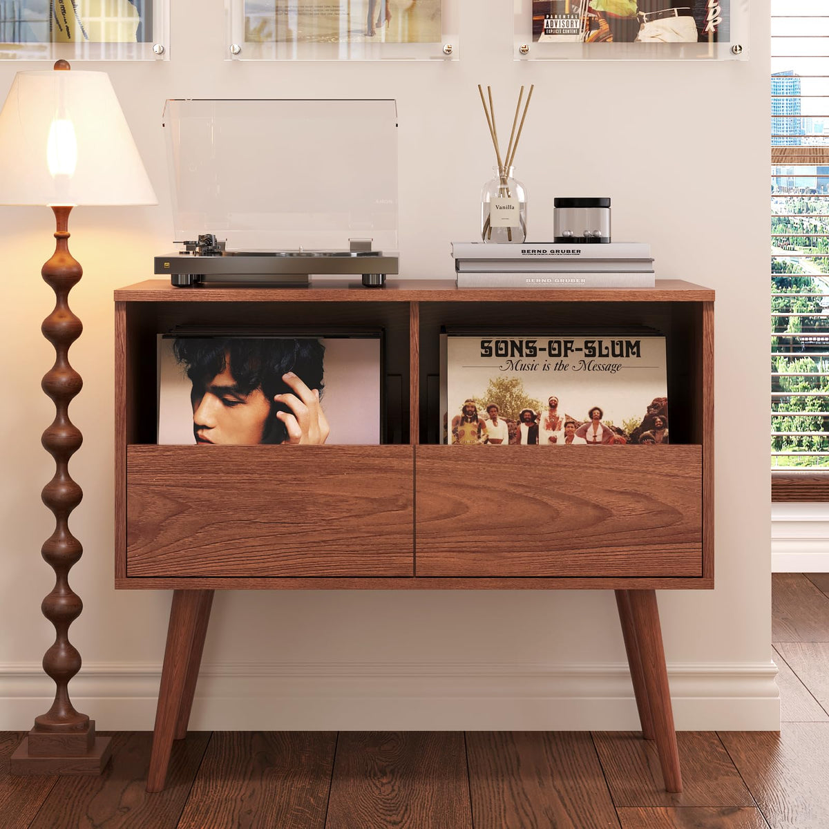 BROTTAR Mid Century Modern Record Player Stand with Vinyl - Image 1