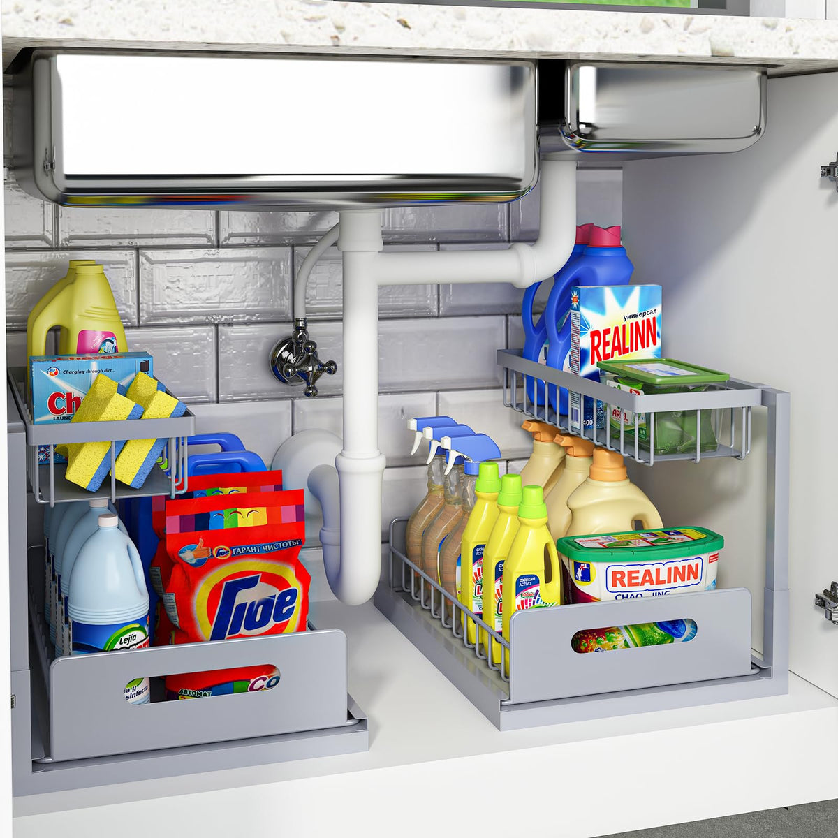 Under Sink Organizer, L-Shaped 2 Tier Pull Out Cabinet Organizer - Image 1