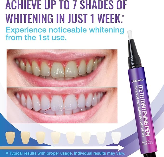 Viebeauti Teeth Whitening Pen Gel, Purple Packaging Tooth Whitener with Carbamide Peroxide for Sensitive Teeth, Precision Whitening Brush Pen for Stain Removal, Travel Size 0.2 Fl Oz