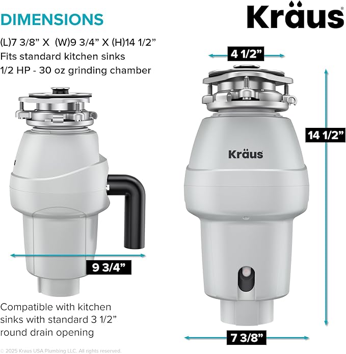 KRAUS WasteGuard 1/2 HP Continuous Feed Garbage Disposal with Ultra-Quiet Motor for Kitchen Sink with Power Cord and Flange Included, KWD201-50MCG