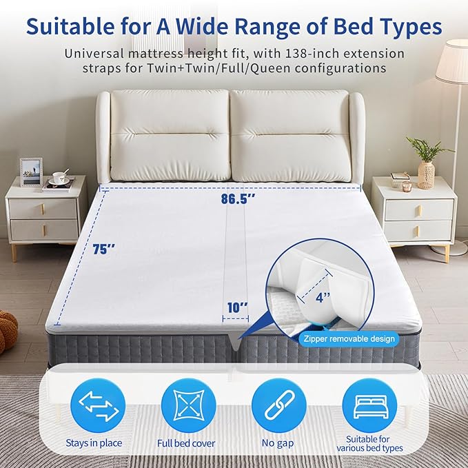Upgrade 3-in-1 Bed Bridge, Twin to King Bed Converter with Sheet Strap Set, Split King Gap Filler, Removable