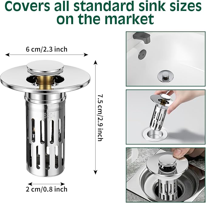 3 in 1 Sink Drain Strainer with Hair Catcher,Stainless Steel Popup Sink Stopper with Basket for Bathroom Kitchen Shower,Pop-up Bounce Core Floor Basin Drain Filter,Replacement Sink Plug 1PCS