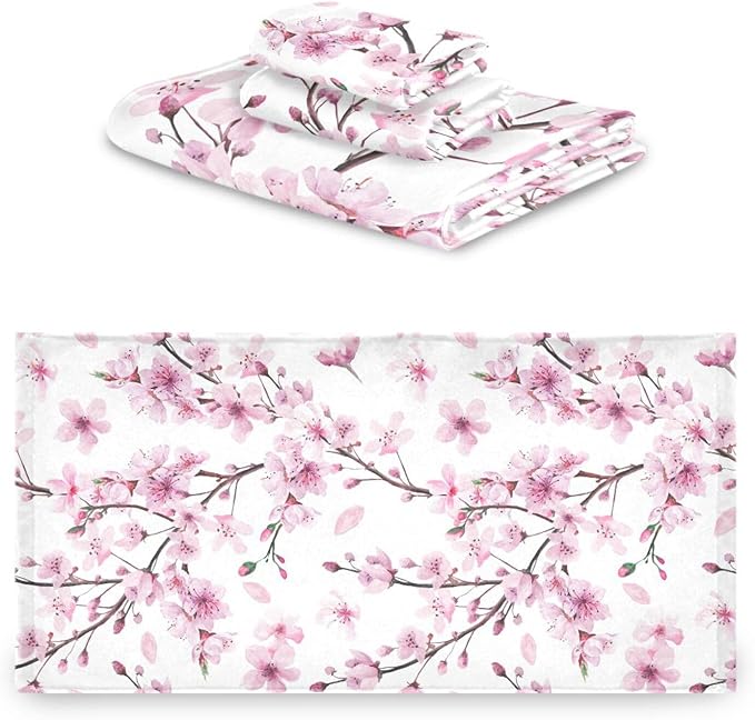 Pfrewn Cherry Blossoms Flowes Towels Set of 3 Watercolor Pink Floral Sakura Branch Bathroom Towel Soft Absorbent Bath Hand Towels Washcloth Guest Towel Sets Bathroom Decorations