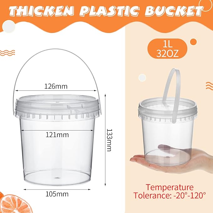 Skylety 24 Pcs Ice Cream Tub with Lid and Handle, 32oz Plastic Freezer and Microwave Safe Food Storage Containers, Airtight Pails Container for Snacks Deli Food Fruit, Leakproof Bucket (Clear)