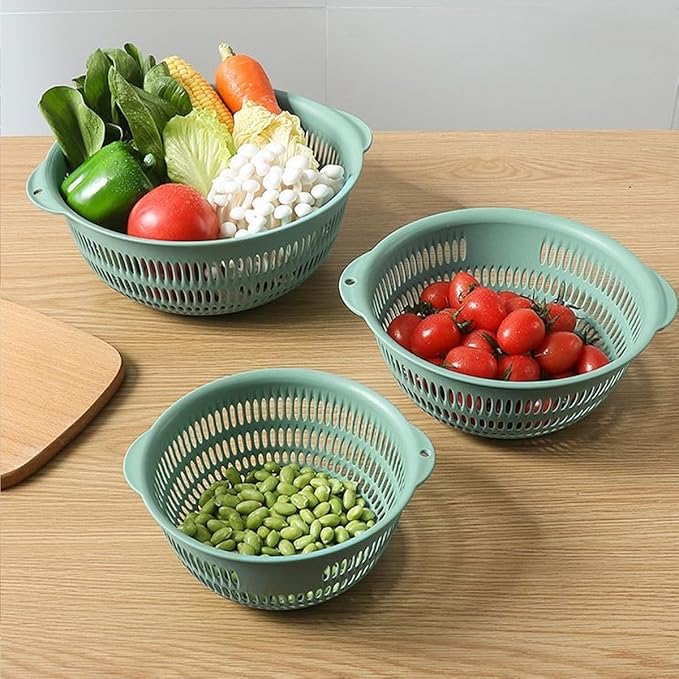 3 pcs Plastic Wash Basket Round Perforated Colander Wash Vegetables and Fruits Drain Cooked Pasta Kitchen Essentials Food Strainer Basket Strainer Kitchen Blue Yellow green red (3PCS-Green)
