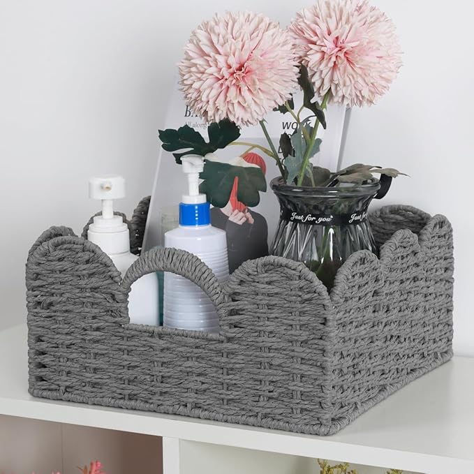 Scalloped Wicker Basket Natural Paper Rope Storage Baskets with Handles Handwoven Organizer Bin Wicker Storage Baskets for Home Decor, Organizing, 2 Pack (Grey)