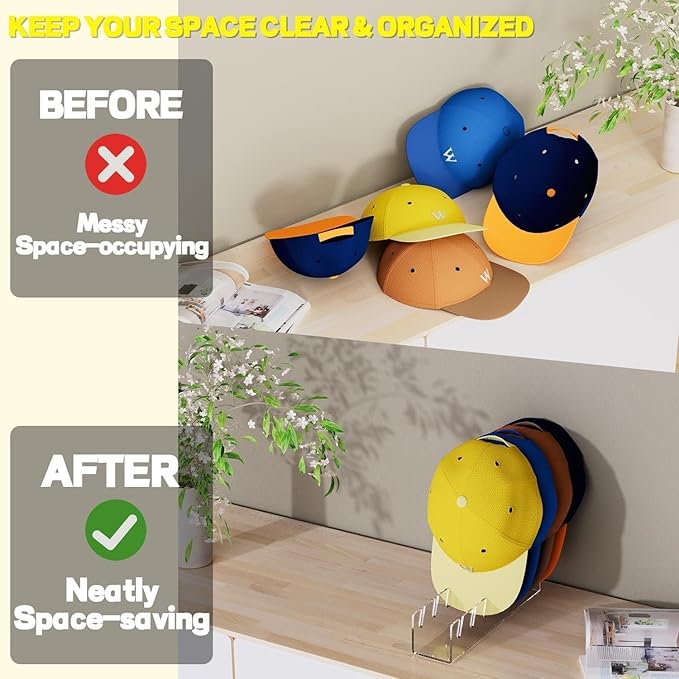 2024 New Hat Stand for Baseball Caps Display and Organizer , No Install Acrylic Hat Holder for 14 Baseball Caps for Bedroom, Closet, Dresser (2PCS)
