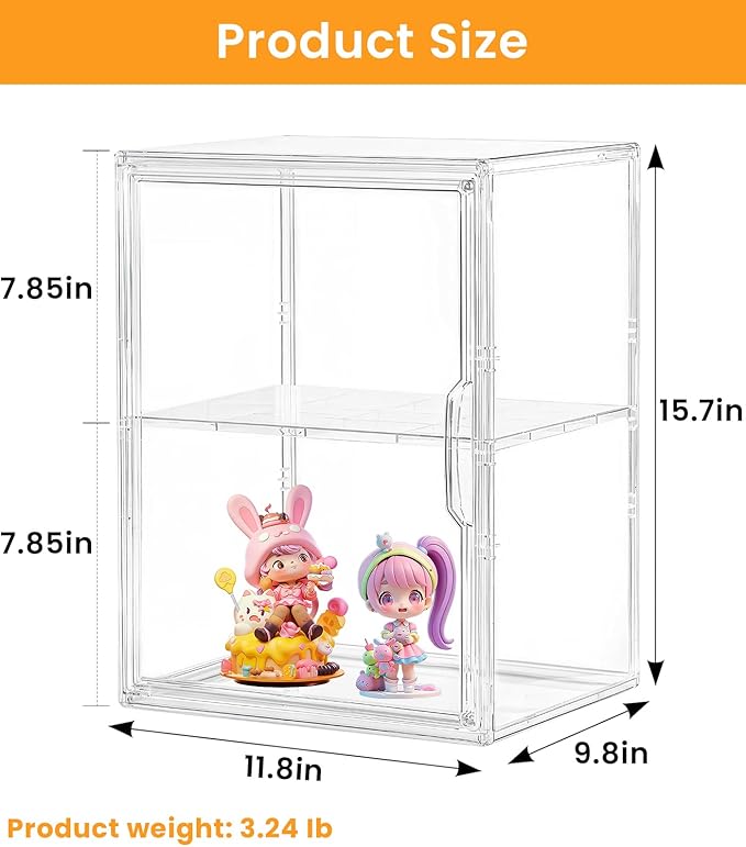 XXX-Large Clear Stackable Acrylic Display With Lid & Magnetic Door - 2-Tier Adjustable Shoe Box Case 11.8'' X 9.8'' X 15.7''Organizer For Boot, Sneakers, Collectibles, Figures, Purses | 3-Pack