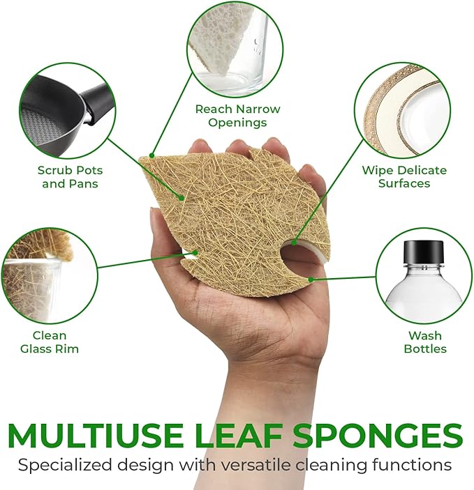 Natural Kitchen Sponges (6 Pack) - Biodegradable Cellulose & Coconut Scrubber Dish Sponge for Kitchen - Eco-Friendly, Non Scratch, Compostable, Non Toxic Leaf Shaped Natural Sponges for Dishes
