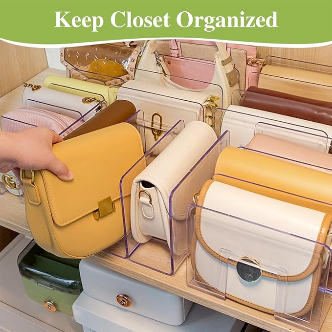 2 Pcs Purse Organizer for Closet, Acrylic Clear Purse Storage Organizers, Closet Organizers and Storage Purse Handbag Divider Holder, 4 Sections Purse Organizers Dividers in Bedroom Office (purple)