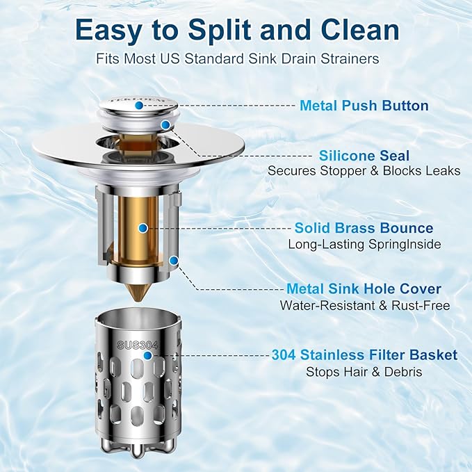 Bathroom Sink Stopper,All Metal Pop-Up Sink Drain Strainer with Removable Stainless Steel Filter Basket, Universal Bathroom Hair Catcher Fit for 1.1-2.36'' Drain (Silver, 1 Pack)