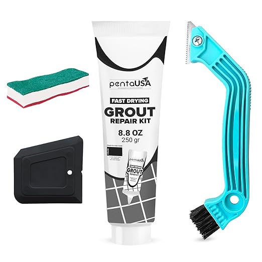 Pentausa Premixed Acrylic Sanded Tile Grout Repair Kit - Ready to Use Grout Renew Filler for Bathroom, Shower, & Kitchen Tile with Grout Removal Tool, Applicator & Sponge, (8.8 Oz - 250gr) (Black)