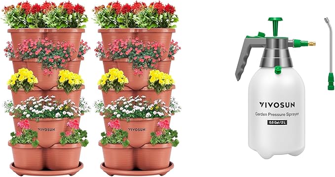 VIVOSUN 2-Pack 5 Tier Vertical Gardening Stackable Planter and 0.5Gal Handheld Garden Sprayer, 2L Pump Sprayer, 68 Oz Water Spray Bottle with Safety Valve, Adjustable Nozzle