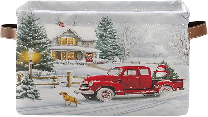Red Truck Christmas Storage Basket Bin Xmas Tree Winter Snowman Fabric Storage Box Cube with Handles Kids Toys Hamper Closet Shelves Basket Organizer for Bedroom Nursery Home Decorative