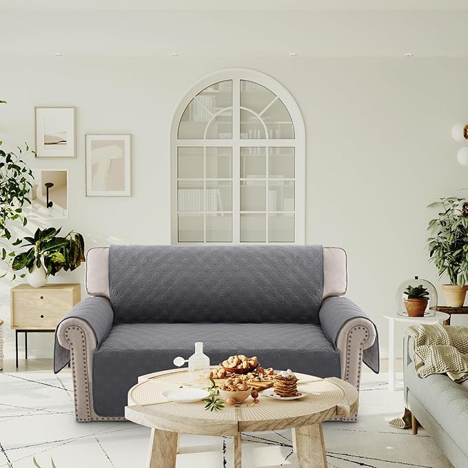 PrinceDeco Waterproof Loveseat Covers for 2 Cushion Couch Furniture Cover Machine Washable Love Seat Quilted Couch Covers, Pet Friendly Slipcovers (Loveseat 48",Grey)