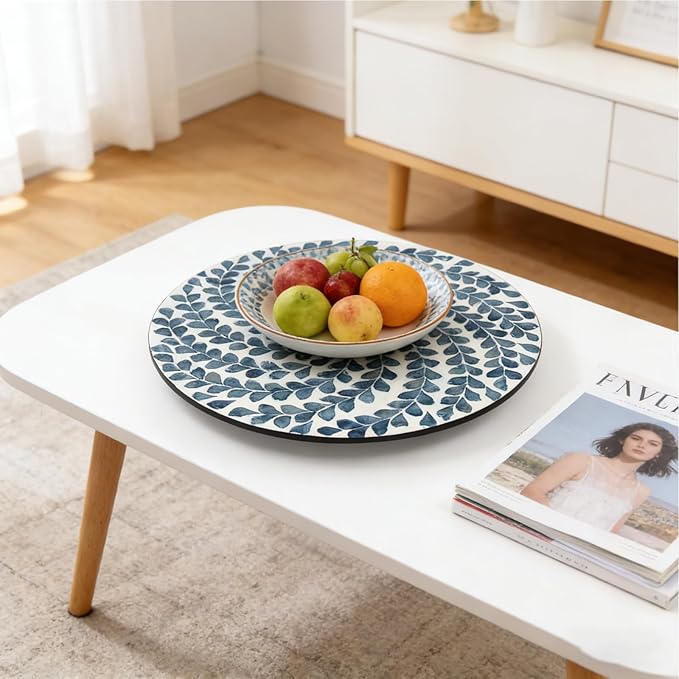 13.4" Mother of Pearl Lazy Susan, 360 Degrees Rotating Table Turntable Organizer Round Wood Spinning Tray for Countertop Table Cabinet Living Room Kitchen Office Home Decor (Blue Willow)