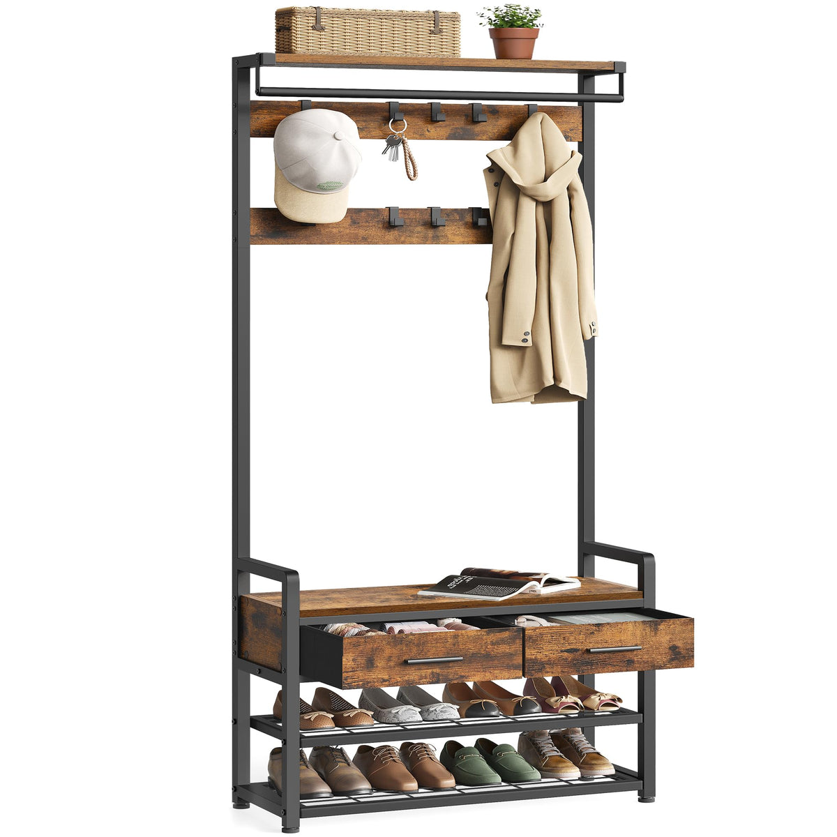 VASAGLE Hall Tree with Bench and Shoe Storage, 2 Fabric Drawers - Image 1