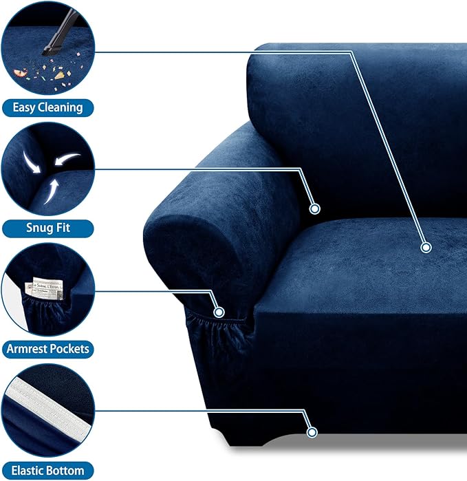 Couch Cover Leather Look 3 Seater Couch Sofa Cover 1-Piece Sofa Slipcover Stretch Furniture Protector with Elastic Bottom & Pockets(Sofa, Navy)