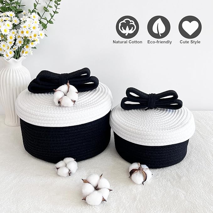 Small Decorative Baskets with Lids, Woven Rope Storage Basket with Lid for Home Decor; Small Boho Storage Basket, Bin and Box for Living Room, Bathroom, Bedroom or Shelf (black)