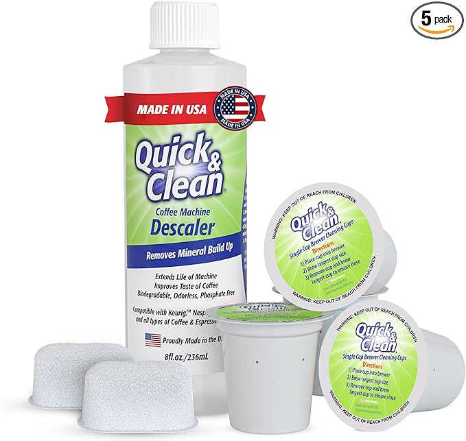 Quick & Clean 4-Pack of Cleaning Cups + 2 Filters with Descaler Bundle (2 Total Uses) - 2.0 Compatible, Descaling Solution for Keurig, Nespresso, Ninja, Delonghi, All Coffee and Espresso Machines…