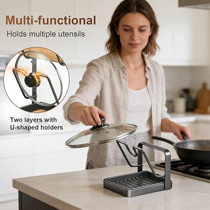 Pot Lid Holder,304 Stainless Steel Pot Lid Holder While Cooking,Kitchen Pot Lid Storage Rack, Removable Drip Tray, Multifunctional Kitchen Organizer Stand for Countertop (Gray, Single-layer)