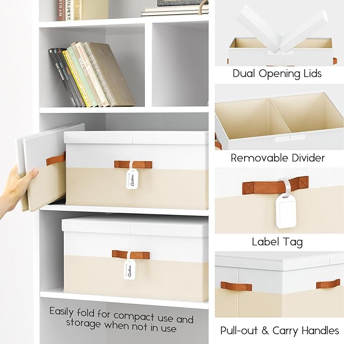 Extra Large Storage Bins - 4 Pack Closet Storage Boxes with Double-Open Lid & Divider Board, Stackable Colthes Storage Organizer, Fabric Basket with Label Tag for Home, Laundry