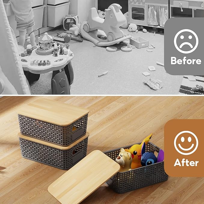 8 PCS Plastic Storage Bins with Bamboo Lid, Stackable Storage Bins with Lids & Labels for Organizing, Storage Bins for shelves, Office, Drawer, Cabinet & Pantry,Nursery Organization,10.2x7.2x4 .1In