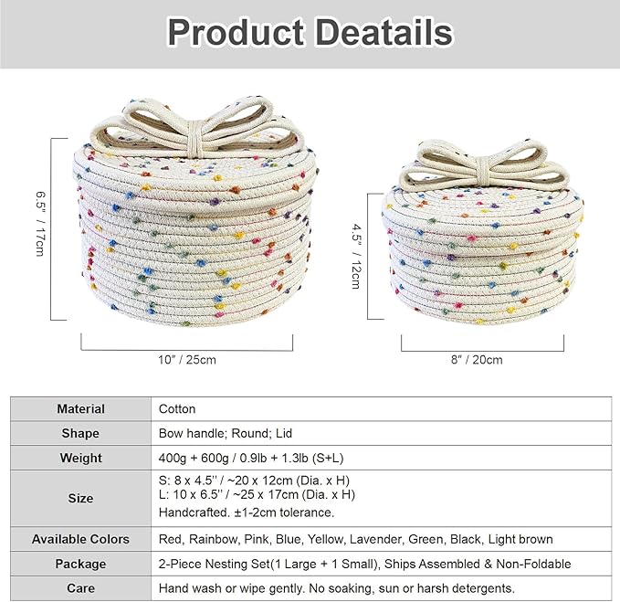 Small Storage Baskets with Lids, Round Woven Rope Basket with Lid, Cute Small Storage Box for Toy, Gift or Home Decor, Small Decorative Basket with Rainbow Pom-pom & Bow Handle (rainbow)