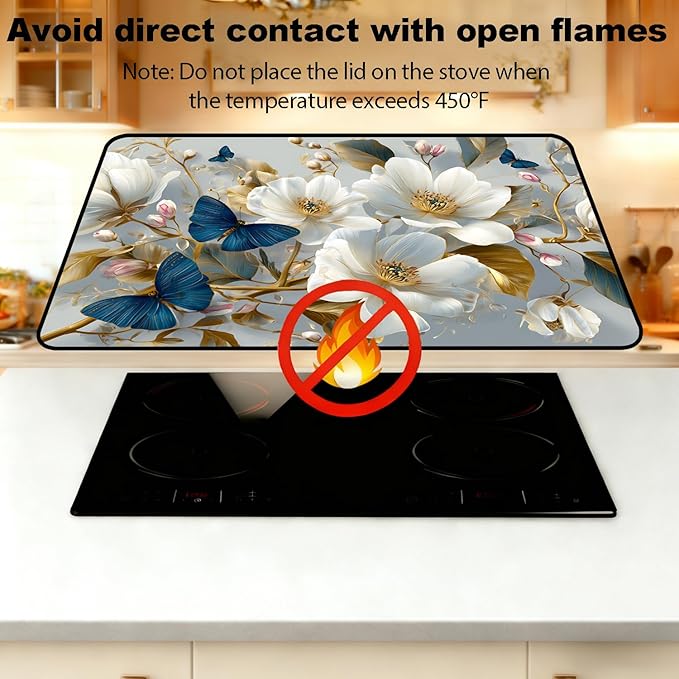 Glass Stove Top Covers for Electric Stove, Heat Resistant Counter Protector Mat, Non Slip Waterproof Surface Cover for Kitchen Counter and Cooktop (White Flowers, 28"L x 20"W)