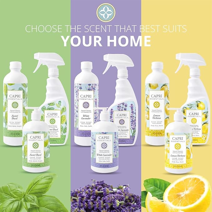 CAPRI ESSENTIALS Dish Soap Liquid, Natural Household Cleaning, Plant Based Aromatic Dish Detergent, Blend of Essential Oils with Juniper & Chamomile, White Lavender, 16 FL Oz (2 Pack)