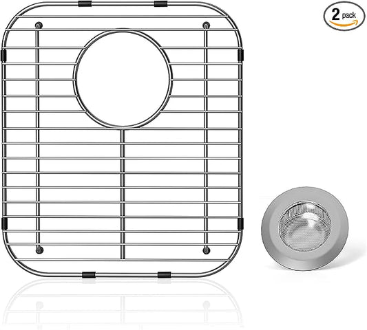 Stainless Steel Universal Sink Protector - 13.1" x 11.6" x 1" Grid With Rear Drain and Sink Strainers