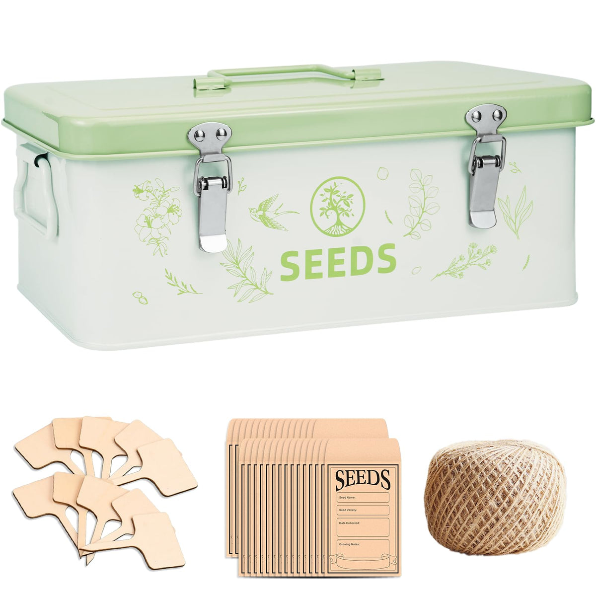 Seed Storage Organizer Box, 4 Compartments, Lockable,Light Green - Image 1