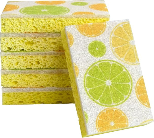 CELOX Lemon Printed Dual Sided Scrub Dish Sponges, Non Scratch Sponge for Kitchen Cleaning, 4.5" x 2.8" x 0.8" (6)