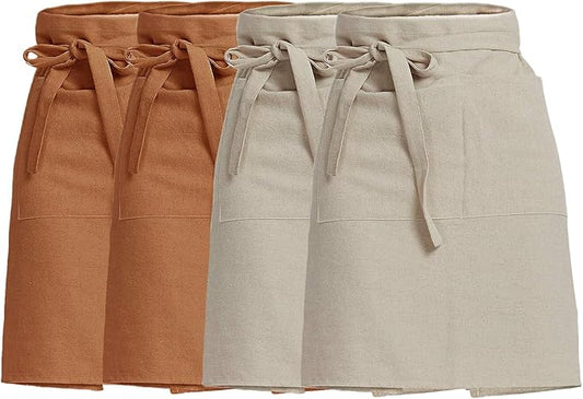 Cityelf Linen Server Apron Cotton Bistro Half Apron with Large Pockets Waist Kitchen Apron for Cooking Waitress