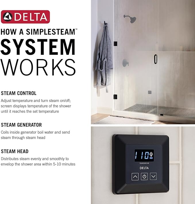 Delta Faucet SimpleSteam 15kW Steam System Kit Brushed Nickel, Includes 15kW Steam System Generator, Square Digital System Control, Square Steam Head, Lumicoat Stainless 5P-EST015-SS-PR
