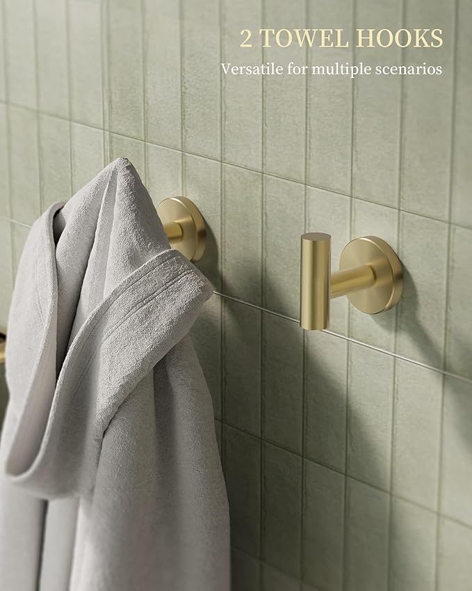 Bathroom Hardware Accessories Set 5 Pieces Brushed Gold 24" SUS 304 Stainless Steel Bath Double Towel Holder Bar Set Towel Rack Combination Wall Mounted for Kitchen, Laundry, Bedroom