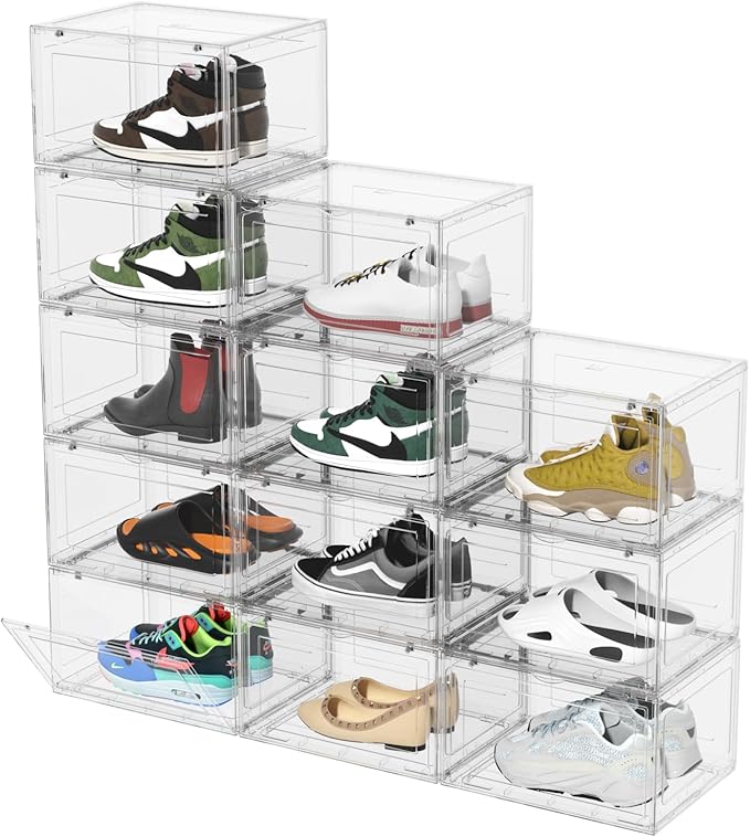 12 Packs Large Plastic Clear Shoe Boxes with Magnetic Door, Acrylic Display Case, Stackable Shoe Storage Organizer Container for Boot Sneaker