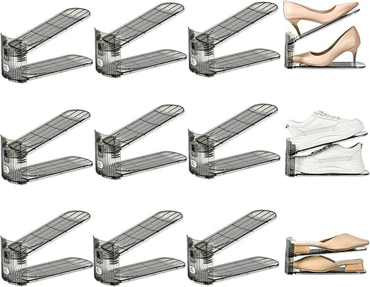 Shoe Slots Organizer, Clear Shoe Stacker, Adjustable Level Shoe Rack,Storage Space Saver for Sneakers Display (Grey Transparent, 12Pack)