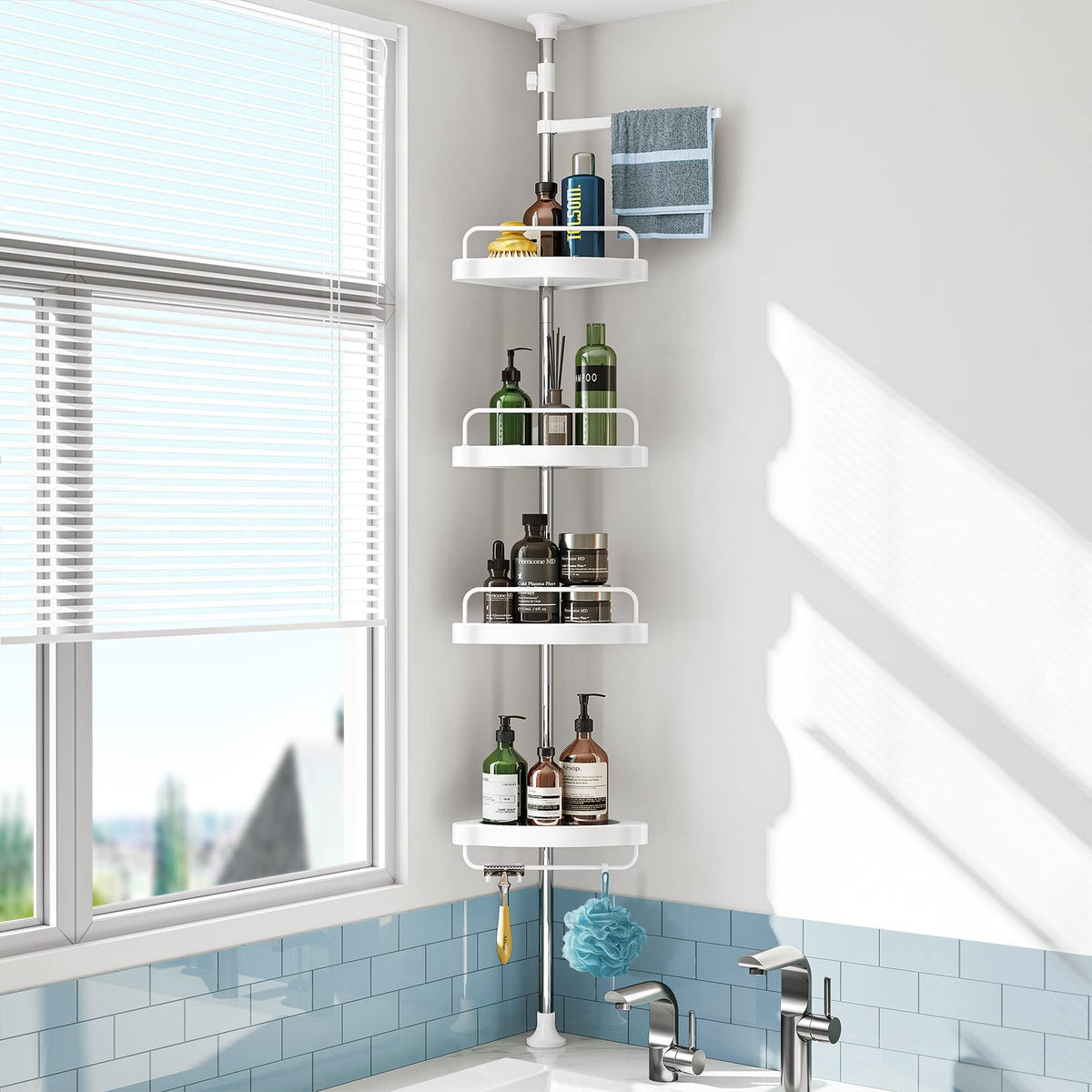 HAMITOR Corner Shower Caddy Tension Pole: Adjustable Stainless - Image 1