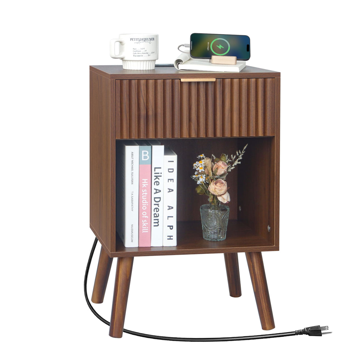 Fultyle Nightstand with Charging Station, Fluted Bedside Table - Image 1