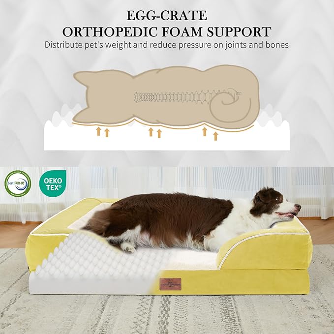 Comfort Expression Orthopedic Dog Bed for Medium Dogs 30x20 Inch, Waterproof Egg Crate Foam Medium Pet Bed with Removable Bolsters, Dog Couch with Washable Cover & Non-Slip Bottom, Spicy Mustard